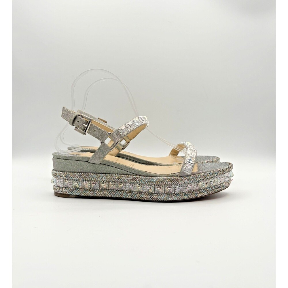 Christian Louboutin Cataclou 60 Silver Glitter Platform Sandals Wedges Sz EU 39